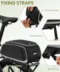 Expandable Waterproof Bike Trunk Bag 15L To 23L For Rear Rack with 3 fixing straps shown on bicycle.