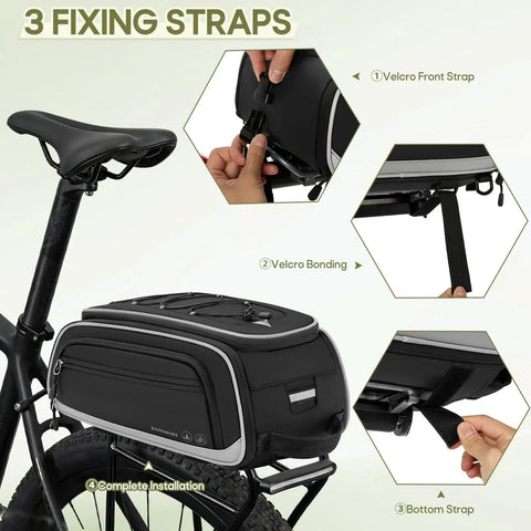 Expandable Waterproof Bike Trunk Bag 15L To 23L For Rear Rack with 3 fixing straps shown on bicycle.
