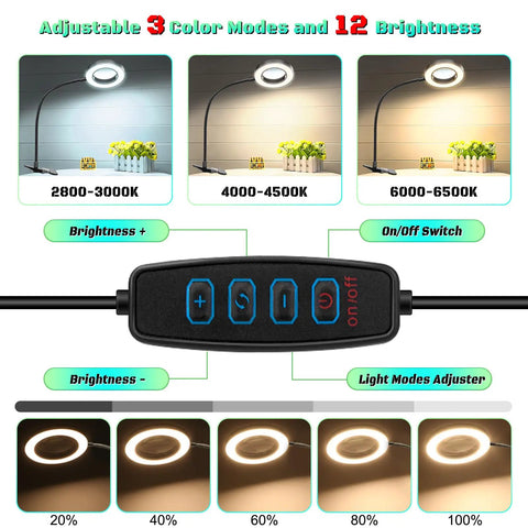 Control panel showing the 10X Lighted Magnifying Glass With Clip On Mount 48 LED Desk Magnifier lamp modes and brightness settings.