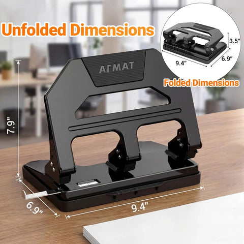 Heavy Duty 3 Hole Puncher With 40 Sheet Capacity, 50 Percent Less Effort Lever, Built In Paper Guide, Large Tray, Metal Construction