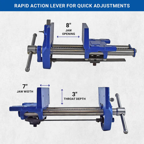 Rapid Action Woodworking Vise With Quick Release Lever, 7 Inch Jaw Width And 8 Inch Opening, Heavy-Duty Cast Iron Construction, Chrome Sliding T-Bar Handle, Steel Guide Rails, Blue Finish For Fast, Smooth Adjustments In The Shop