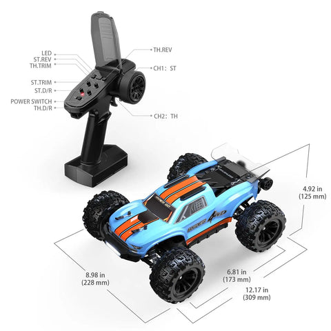 Dimensions of Hyper Go H16MT 1/16 4x4 Brushless RC Truck With Updated ESC Capable Of 28 MPH On 2S And 43 MPH On 3S LiPo Beast