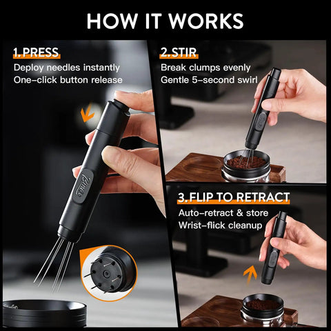 How to use Retractable WDT Tool For Espresso Distribution And Stirring Magnetic Coffee Distributor with pressed needles.