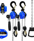 Two Pack Half Ton Chain Hoists 1100 Lb Capacity Each With 10 Ft Lift Manual Lever Chain Hoist Alloy Steel G80 Chain And Heavy Duty Hooks For Garages Warehouses Automotive Workshops, featuring blue casings and ergonomic handles.