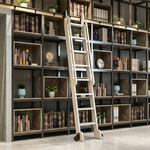 Library with wooden ladder, part of Heavy Duty Sliding Barn Door Track Kit 3.3ft To 20ft Wide Steel Round Tube Hardware Set