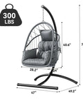 Hangin' Egg Chair With Stand, Wicker Rattan Swing Chair With 360 Degree Swivel, Cushions, Heavy Duty Iron Frame Supports Up To 330 Lbs For Indoor And Outdoor Use, Grey.