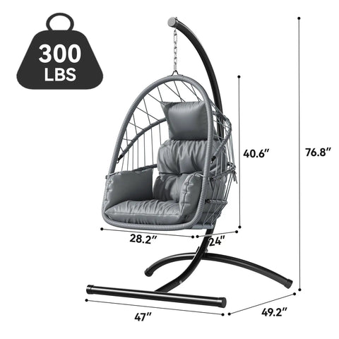 Hangin' Egg Chair With Stand, Wicker Rattan Swing Chair With 360 Degree Swivel, Cushions, Heavy Duty Iron Frame Supports Up To 330 Lbs For Indoor And Outdoor Use, Grey.