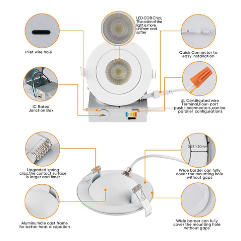 Diagram of 4 Inch LED Recessed Gimbal Light With Junction Box 9W 650LM CRI90 Plus ETL Listed showing features and components
