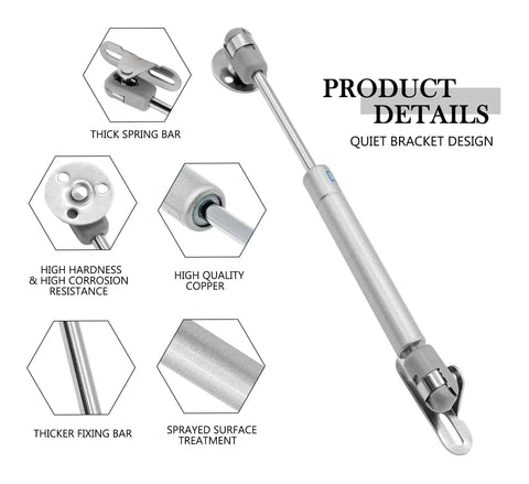 Gas Struts 50N 10lb 6 Inch Lift Supports with quiet bracket design, showing detailed components and structure.
