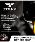 Pro Grade Transfluid TO-4 30W Heavy Duty Transmission Fluid For Drive Trains, OEM Grade Extended Life, 5 Gallon Pail, Delivers Superior Wear Protection, Lower Temperature, Compatible With Caterpillar TO-4, Komatsu, Vickers, ZF And More. TRIAX lubricants poster with oil pouring