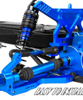 Close-up of navy blue rear driveshaft CVD and front axle upgrade kit for one tenth Slash 2WD and Slash VXL 2WD, easy to install.