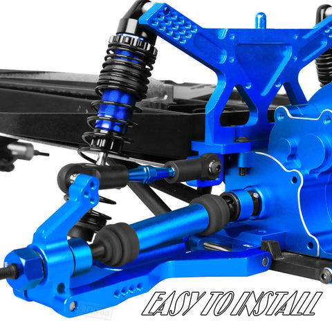 Close-up of navy blue rear driveshaft CVD and front axle upgrade kit for one tenth Slash 2WD and Slash VXL 2WD, easy to install.