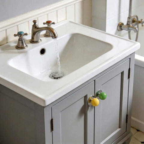 Slick Self Stick Cabinet Knobs 10 Pack Yellow Ceramic Ball Pulls on bathroom cabinet with sink and faucet.