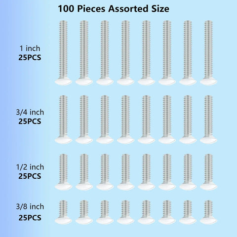 White Wall Plate Screws Pack With One Hundred Pieces In Four Length Sizes Three Eighths Inch One Half Inch Three Quarters Inch And One Inch Six Thirty Two Thread Switch Plate Screws For Outlet Covers And Light Switch Plates Easy Replacement with assorted lengths displayed in rows