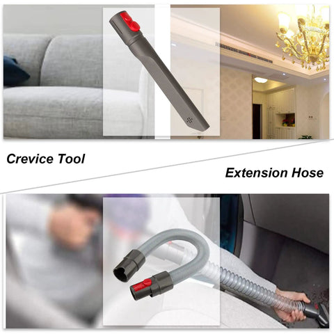 6 In 1 Accessory Tool Kit Attachment Set With Extension Hose For Cordless Vacuum Cleaners Crevice Tool in living room, extension hose in car