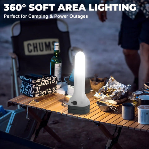 Rechargeable All In One 2 In 1 Flashlight Lantern With 360 Degree Camping Light And Emergency Strobe on outdoor camping table