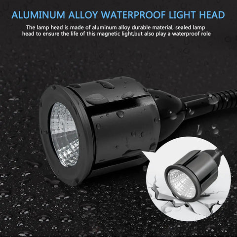 Close-up of magnetic LED work light with flexible gooseneck and magnetic base, waterproof aluminum alloy head with 700 lumen lamp