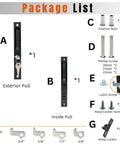 Sliding Glass Door Handle Replacement Kit, 6-5/8 In, Black, Keyed, Reversible For Left Or Right Handed Doors package contents labeled.