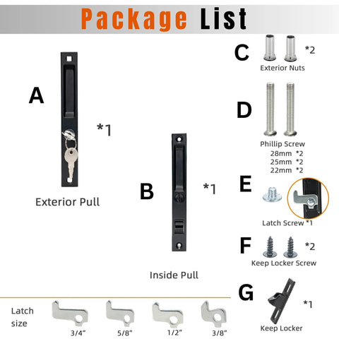 Sliding Glass Door Handle Replacement Kit, 6-5/8 In, Black, Keyed, Reversible For Left Or Right Handed Doors package contents labeled.