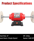 Heavy Duty Bench Buffer With Dual Eight Inch Buffing Wheels, High Speed Polishing Machine For Jewelry Metal Wood And Kitchen Knives, Badass Daily Grind Tool specifications with 8-inch wheels and 3450 RPM motor.