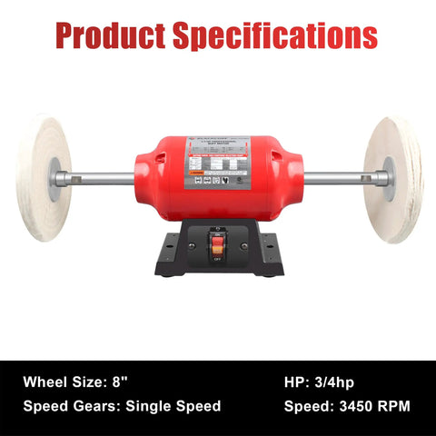 Heavy Duty Bench Buffer With Dual Eight Inch Buffing Wheels, High Speed Polishing Machine For Jewelry Metal Wood And Kitchen Knives, Badass Daily Grind Tool specifications with 8-inch wheels and 3450 RPM motor.