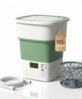 No Sweat Portable Washing Machine And Slick Foldable Washer With 1.8 Cubic Foot Capacity features green and white design with washing basket.