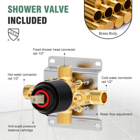 Oil Rubbed Bronze Shower Tub Kit With 8 Inch Rain Shower Head, Tub Spout, And Included Valve shower valve details