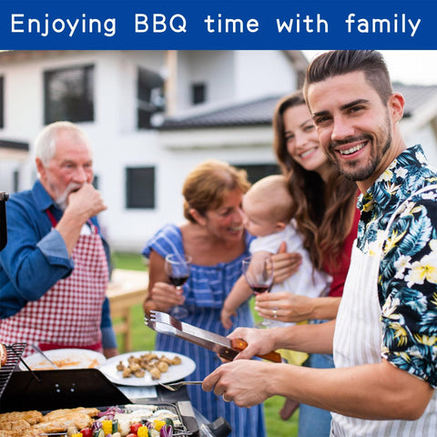 Family enjoying BBQ outside with man grilling at summer gathering
