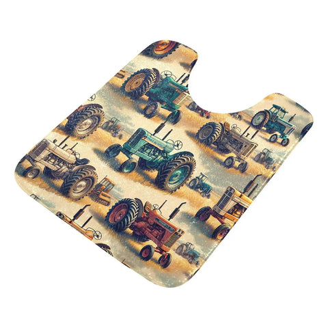 Vintage Farm Tractors U Shaped Toilet Rug Non Slip Absorbent Bath Mat Soft Polyester Fiber Machine Washable Bathroom Mat 24x20 Inches Cozy Ultra Plush TPR Backing Quick Dry For Home showing tractor design.