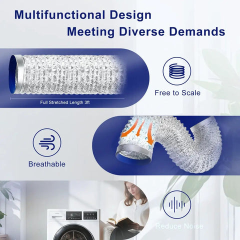 4 Inch Flexible Fire Resistant Aluminum Dryer Vent Hose With Stainless Steel Clamps For Tight Spaces In Dryers Bathrooms Workshops Grill Rooms And Grow Tents No Fuss Installation shown in various setups.