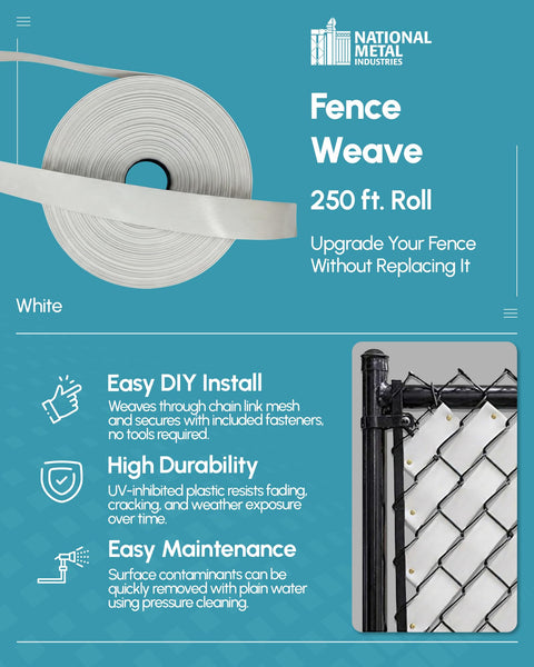 Privacy Weave Fence Slats For Chain Link Fences Easy DIY Privacy Solution White Polyethylene Slats Fits 2 Inch To 2 3 8 Inch Mesh Made In USA Perfect For Your Backyard Garden Patio And Pool Enclosures 250 Ft Roll displayed with features.