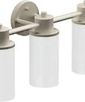 Brushed Nickel Three Light Dual Mount Bathroom Vanity Fixture With Frosted Glass Shades For Up Or Down Mounting Quick Connect Wiring