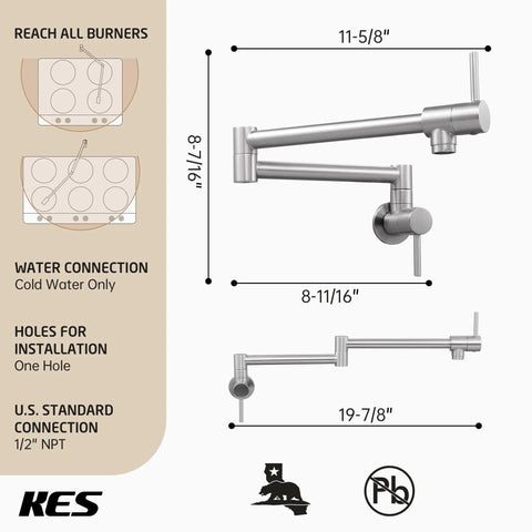 Double Joint Swing Arm Pot Filler Faucet With Wall Mount Folding Kitchen Spout No Lead Stainless Steel Brushed Nickel Finish Two Handle Design NSF Certified Built To Last with measurements