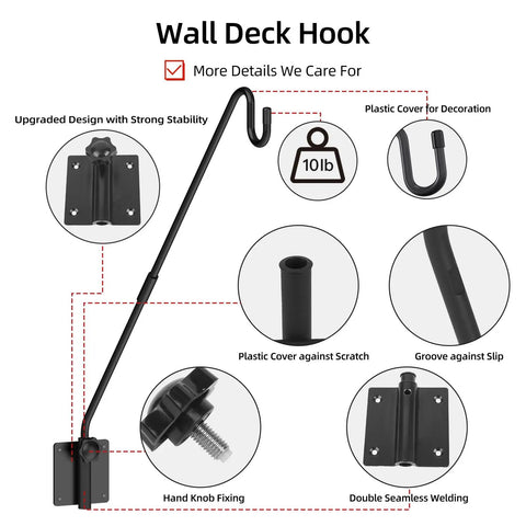 Heavy Duty Wall Mounted Deck Hook For Outdoor Plant Hangers Bird Feeders And Lanterns With 360 Degree Rotating Pole And Extended Arm Rust Resistant Sturdy Metal Bracket For Flower Baskets And More