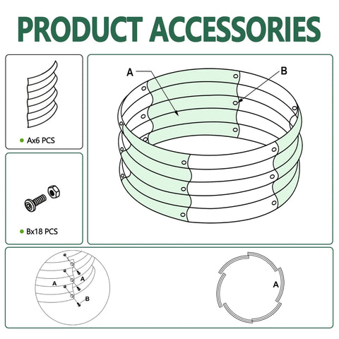 Diagram showing assembly of Two Pack Galvanized Raised Garden Beds 24x24x12 Inches Outdoor Planter, including parts A and B and screws.