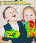 Children holding heat-sensitive Halloween masks with Three Pack Heat Sensitive Sheets 6x6 Inch Color Changing Temperature Sheets For Science Experiments 24 To 34 C Heat Reactive Sheets That Make Learning Totally Hands On And Fun For Classrooms Demos And DIY Projects.
