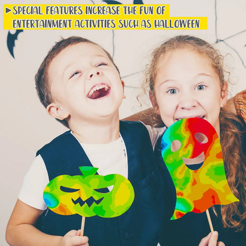 Children holding heat-sensitive Halloween masks with Three Pack Heat Sensitive Sheets 6x6 Inch Color Changing Temperature Sheets For Science Experiments 24 To 34 C Heat Reactive Sheets That Make Learning Totally Hands On And Fun For Classrooms Demos And DIY Projects.
