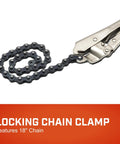 Locking Chain Clamp with 18 Inch Chain, Nickel Plated Metal Clamp for Solid Grip, heavy duty pliers with visible chain detail.