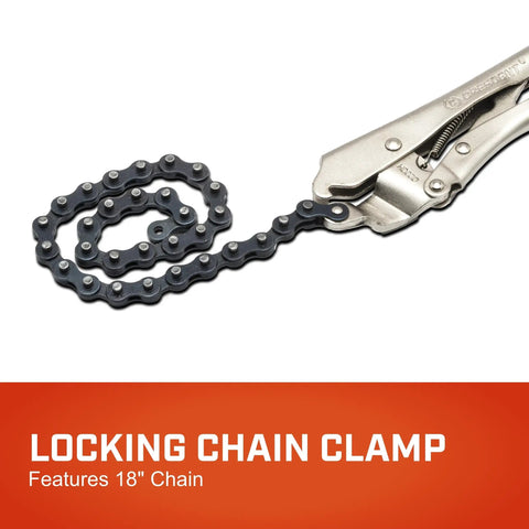 Locking Chain Clamp with 18 Inch Chain, Nickel Plated Metal Clamp for Solid Grip, heavy duty pliers with visible chain detail.