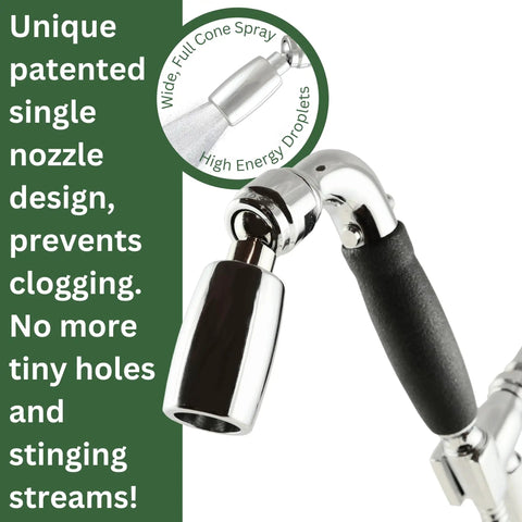 Solid Metal Handheld Shower Head Kit With Dope Slip-Free Grip, close-up showing nozzle design and grip