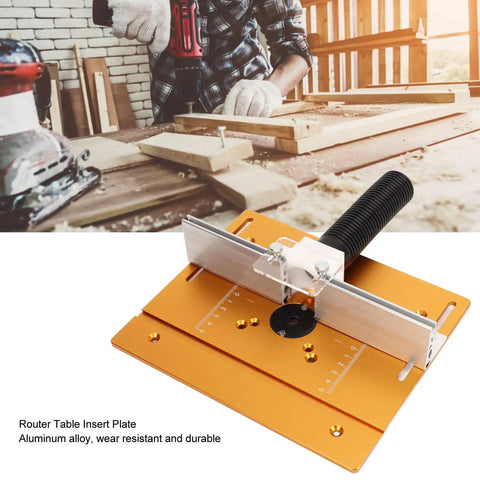 Slick Heavy Duty Aluminum Router Table Insert Plate, Real Deal Precision Lift System, with built-in miter guide for woodworking.