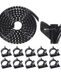 Cable Management Sleeve Kit With Spiral Tube Wrap, 5M Length, 8mm Inner Diameter, PE Flexible Black shown with clips