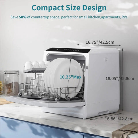 Compact Portable Dishwasher Featuring Six Wash Cycles Plus Quick Auto Dry For Effortless Cleanup In Tight Apartments RV Vans And Tiny Kitchens Equipped With Dual Sink Hookups So You Wash Greasy Stacks No Sweat While Saving Precious Counter Space, showcasing compact size and interior with plates.