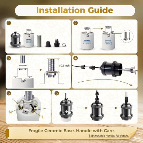 Installation guide for 10-Pack E26 Vintage Lamp Socket for Edison Pendant Lights, including steps and components layout.