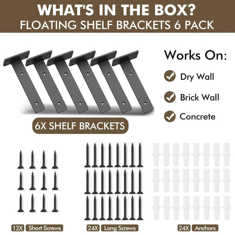 Heavy Duty 10 Inch Floating Shelf Brackets Set Of 6, One Fifth Inch Thick Iron Brackets With Hidden Mount And Rust Resistant Coating, Supports Up To 150 Lbs Per Pair, Clean Look That Keeps It Strong And Stylish with screws and anchors for installation