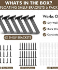 6 Pack Beefy Heavy Duty Shelf Brackets 6 Inch Floating L Shaped Wall Shelf Brackets One Fifth Inch Thick Hidden And Decorative Black Iron Rust Resistant Holds Up To 150 Pounds Per Pair Built To Last Easy Install with screws and anchors displayed