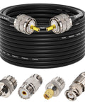 Four Pack 50 Ohm RG58 Coax Cables With PL259 Male To Male Connectors And UHF SO239 To SMA BNC Adapters For CB Ham Radio And Two Way Radios Salt Spray Tested Durable Weatherproof Antenna Cables For Reliable Clear Signals. Product image showing coiled coax cables with connectors.