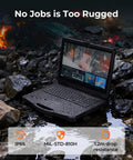 Tough As Nails Rugged Laptop With 15.6 Inch Sunlight Readable Display Windows 11 Pro Intel Core I7 32GB Ram And 512GB Ssd IP65 Dustproof Chassis in wet outdoor environment among rocks.