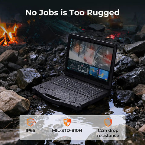 Tough As Nails Rugged Laptop With 15.6 Inch Sunlight Readable Display Windows 11 Pro Intel Core I7 32GB Ram And 512GB Ssd IP65 Dustproof Chassis in wet outdoor environment among rocks.
