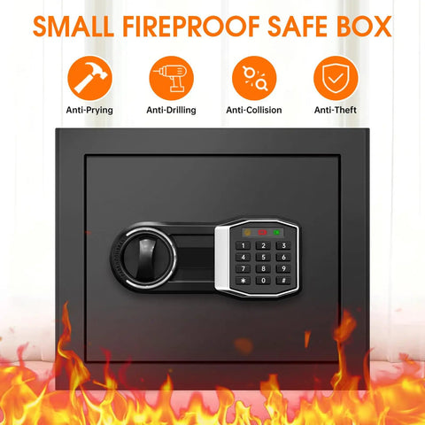 Compact Home Fireproof Safe With Programmable Keypad And Alarm Waterproof Security Box in black steel with anti-theft features